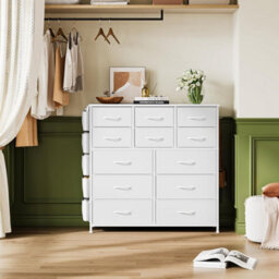 London Boutique White 12 Drawer Chest Of Drawers, Fabric Dresser With Side Pockets And Hooks, Bedroom Storage Unit, 99X30X110Cm - thumbnail 7