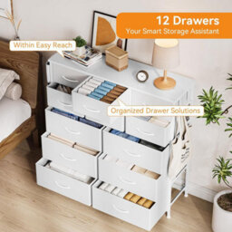 London Boutique White 12 Drawer Chest Of Drawers, Fabric Dresser With Side Pockets And Hooks, Bedroom Storage Unit, 99X30X110Cm - thumbnail 4