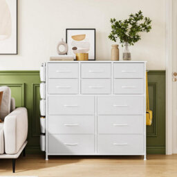 London Boutique White 12 Drawer Chest Of Drawers, Fabric Dresser With Side Pockets And Hooks, Bedroom Storage Unit, 99X30X110Cm