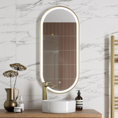 Affine Oval Led Mirror Touch Designer Bathroom Demister Mains Brushed Brass 450X1000mm - image 1