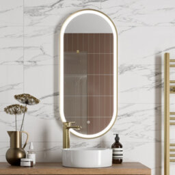 Aveli Oval Led Mirror Touch Designer Bathroom Demister Mains Brushed Brass 450X1000mm