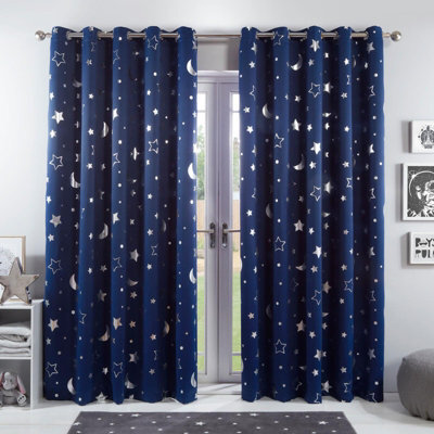 "Ohs Galaxy Star Thermal Blackout Curtains Pair Of Eyelet Ring Top Kids Metallic Moon - Navy Blue, 66"" X 72"""