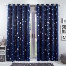 "Ohs Galaxy Star Thermal Blackout Curtains Pair Of Eyelet Ring Top Kids Metallic Moon - Navy Blue, 66"" X 72""" - thumbnail 1