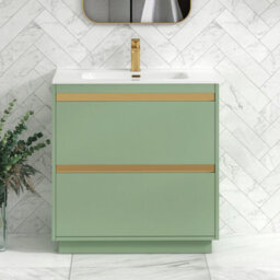 Royal Bathrooms Orion 800mm Mint Sage 2 Drawer Floor Standing Vanity Unit With Ceramic Basin & Brushed Brass Strip - thumbnail 2
