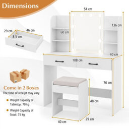 Gainoom Bedroom Modern Vanity Desk Set Vanity Set Dressing Table And Chair Set W/mirror And Lights - thumbnail 2