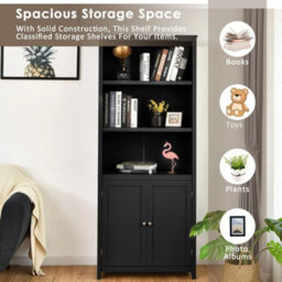 Wooden Tall Bookcase 3-Tier Shelving Storage Cabinet 2 Doors Display Organizer - thumbnail 6