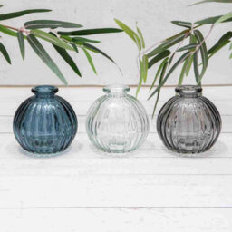 Annibells 3 Round Ribbed Blue Grey Glass Bud Vases  (12685)