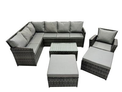 Fimous 9 Seater Rattan Lounge Corner Sofa Set Wicker Pe Outdoor Garden Furniture Set With Coffee Table 2 Big Fotstools Dark Grey - image 1