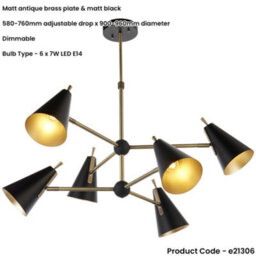 Loops Multi Arm Hanging Ceiling Pendant Light - Matt Antique Brass Plate & Matt Black Shade - 6 X 7W Led E14 - thumbnail 2