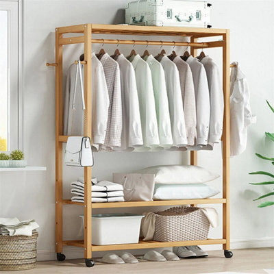 Bamboo Clothes Rail Holder Rack Garment Hanging Stand Mobile Storage Shelf - image 1
