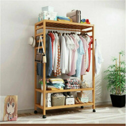 Bamboo Clothes Rail Holder Rack Garment Hanging Stand Mobile Storage Shelf - thumbnail 6