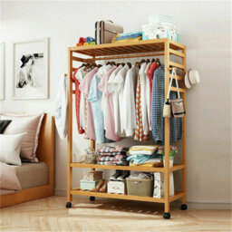 Bamboo Clothes Rail Holder Rack Garment Hanging Stand Mobile Storage Shelf - thumbnail 5