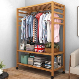 Bamboo Clothes Rail Holder Rack Garment Hanging Stand Mobile Storage Shelf - thumbnail 4