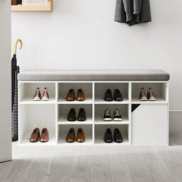 White Wood Storage Cabinet Rack Shoe Bench 10 Compartment Shoes Organizer With Cushion - thumbnail 6