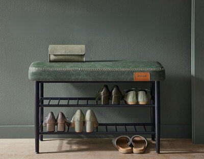 Shoe Bench, Storage Bench, Shoe Rack Bench Entryway, Synthetic Leather With Stitching, Mid-Century Modern, Forest Green - image 1