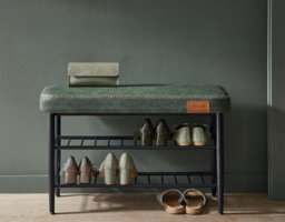 Shoe Bench, Storage Bench, Shoe Rack Bench Entryway, Synthetic Leather With Stitching, Mid-Century Modern, Forest Green