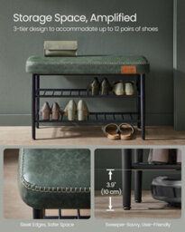 Shoe Bench, Storage Bench, Shoe Rack Bench Entryway, Synthetic Leather With Stitching, Mid-Century Modern, Forest Green - thumbnail 5