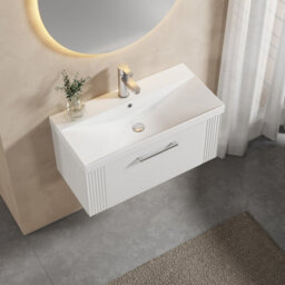 Balterley Belvide Partial Fluted 1 Drawer Wall Hung Vanity Unit With 1 Tap Hole Thin-Edge Basin- 800mm - Satin White - thumbnail 3