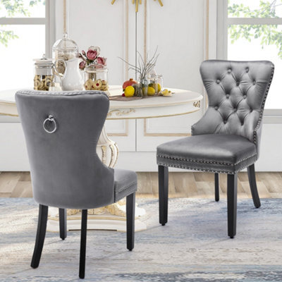 Matteo Elegant Velvet Dining Chairs With Oak Legs And Chrome Knocker, Set Of 2, Grey - image 1