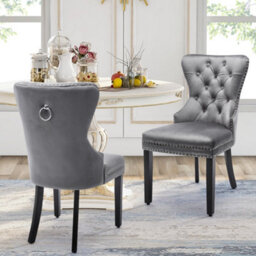 Matteo Elegant Velvet Dining Chairs With Oak Legs And Chrome Knocker, Set Of 2, Grey