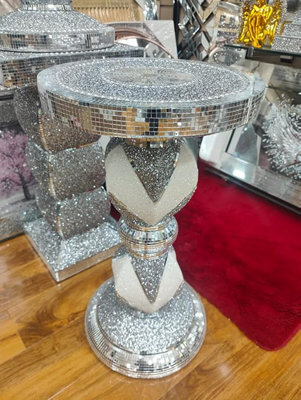 Biznest Side Table Crushed Diamond Crystal Design Mirrored Stripes Silver Glitter Plant Stands Bed Side White Ceramic 60 X 40 Cm - image 1