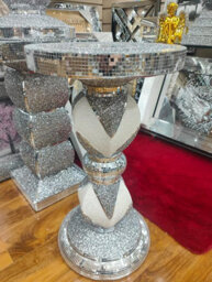Biznest Side Table Crushed Diamond Crystal Design Mirrored Stripes Silver Glitter Plant Stands Bed Side White Ceramic 60 X 40 Cm - thumbnail 2