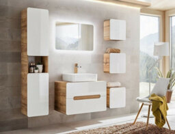 Impact Furniture Bathroom Furniture Set 800mm Vanity Unit With Sink Tall Cabinet And Wall Hung Cube Storage White Gloss And Oak Aruba