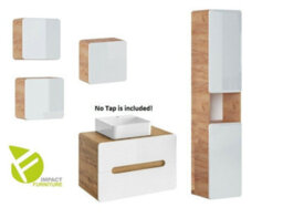 Impact Furniture Bathroom Furniture Set 800mm Vanity Unit With Sink Tall Cabinet And Wall Hung Cube Storage White Gloss And Oak Aruba - thumbnail 2