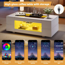 Btm Hollow Coffee Table 100X50X35Cm, Open Storage With Led, Glass Top, High Gloss End Table, Black, Mdf Glass - thumbnail 8