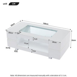 Btm Hollow Coffee Table 100X50X35Cm, Open Storage With Led, Glass Top, High Gloss End Table, Black, Mdf Glass - thumbnail 9