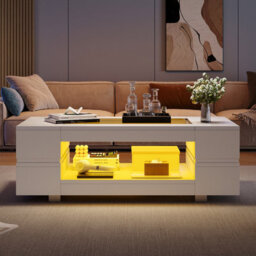 Btm Hollow Coffee Table 100X50X35Cm, Open Storage With Led, Glass Top, High Gloss End Table, Black, Mdf Glass