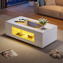 Btm Hollow Coffee Table 100X50X35Cm, Open Storage With Led, Glass Top, High Gloss End Table, Black, Mdf Glass - thumbnail 2