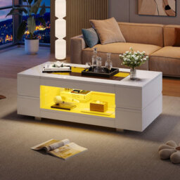 Btm Hollow Coffee Table 100X50X35Cm, Open Storage With Led, Glass Top, High Gloss End Table, Black, Mdf Glass - thumbnail 3