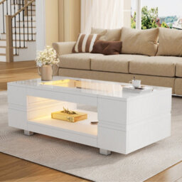 Btm Hollow Coffee Table 100X50X35Cm, Open Storage With Led, Glass Top, High Gloss End Table, Black, Mdf Glass - thumbnail 4