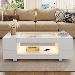 Btm Hollow Coffee Table 100X50X35Cm, Open Storage With Led, Glass Top, High Gloss End Table, Black, Mdf Glass - thumbnail 5