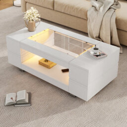 Btm Hollow Coffee Table 100X50X35Cm, Open Storage With Led, Glass Top, High Gloss End Table, Black, Mdf Glass - thumbnail 6