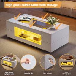 Btm Hollow Coffee Table 100X50X35Cm, Open Storage With Led, Glass Top, High Gloss End Table, Black, Mdf Glass - thumbnail 7