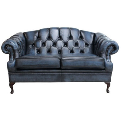 Chesterfield 2 Seater Antique Blue Leather Sofa Settee Custom Made In Victoria Style - image 1