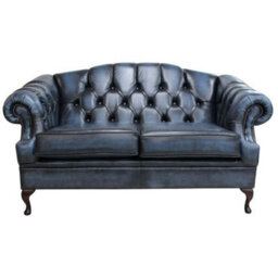 Chesterfield 2 Seater Antique Blue Leather Sofa Settee Custom Made In Victoria Style - thumbnail 1