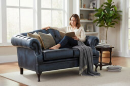 Chesterfield 2 Seater Antique Blue Leather Sofa Settee Custom Made In Victoria Style - thumbnail 3