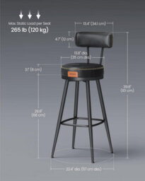 Songmics Vasagle Mid-Century Bar Stools, Twin Set Swiveling Counter Chairs With Back Support, Kitchen Seating, Ink Black - thumbnail 2