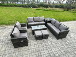Fimous 10 Seater Wicker Pe Rattan Sofa Set Outdoor Patio Garden Furniture With 2 Reclining Chairs Coffee Table Side Table - thumbnail 2
