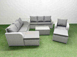 Fimous 9 Seater Poly Rattan Outdoor Garden Furniture Sofa Set 3 Seater Sofa 2 Big Footstools Side Table Light Grey - thumbnail 2