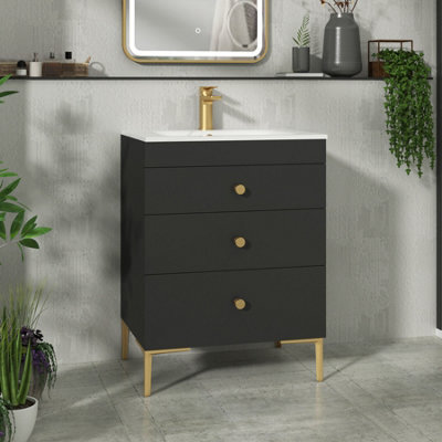 Royal Bathrooms Royal Bathroom Verona 600mm Matt Black 3-Drawer Floor Standing Bathroom Vanity Unit With Carrara White Basin & Brushed Brass Knob - image 1