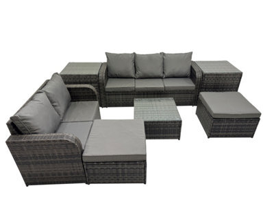 Fimous Wicker Pe Rattan Garden Outdoor Furniture Set Love Sofa Square Coffee Table Set With 2 Big Stools 2 Side Tables - image 1