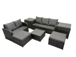 Fimous Wicker Pe Rattan Garden Outdoor Furniture Set Love Sofa Square Coffee Table Set With 2 Big Stools 2 Side Tables - thumbnail 2