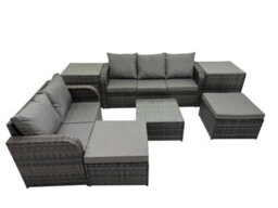 Fimous Wicker Pe Rattan Garden Outdoor Furniture Set Love Sofa Square Coffee Table Set With 2 Big Stools 2 Side Tables - thumbnail 1