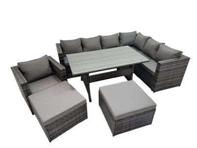 Fimous Rattan Garden Furniture Set Outdoor 9 Seater Patio Corner Sofa Sets With Table Chair 2 Big Stools Dark Grey Mixed - image 1