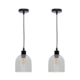 First Choice Lighting Set Of 2 Belten - Clear Glass Cloche With Black Pendant Fittings