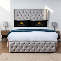 UKBEDFURNITURE Luxor Silver Plush Wingback Divan Bed Base With 54 Inch Headboard & 10 Inch Orthopaedic Mattress - No Storage - thumbnail 1